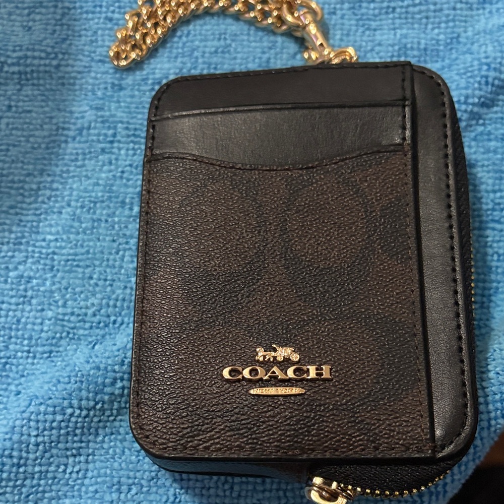 Coach Black and Brown Card Holder with Gold Chain